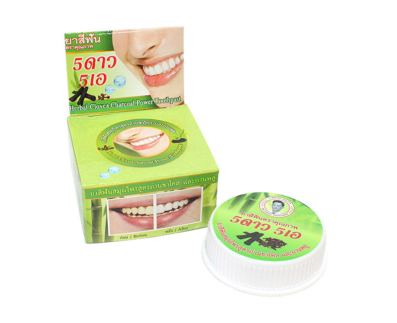 Натуральная круглая отбеливающая зубная паста с Бамбуковым Углем 5 STAR 5A Herbal Clove & Charcoal Power Toothpaste 25 гр. Таиланд 5_star_charcoal_box